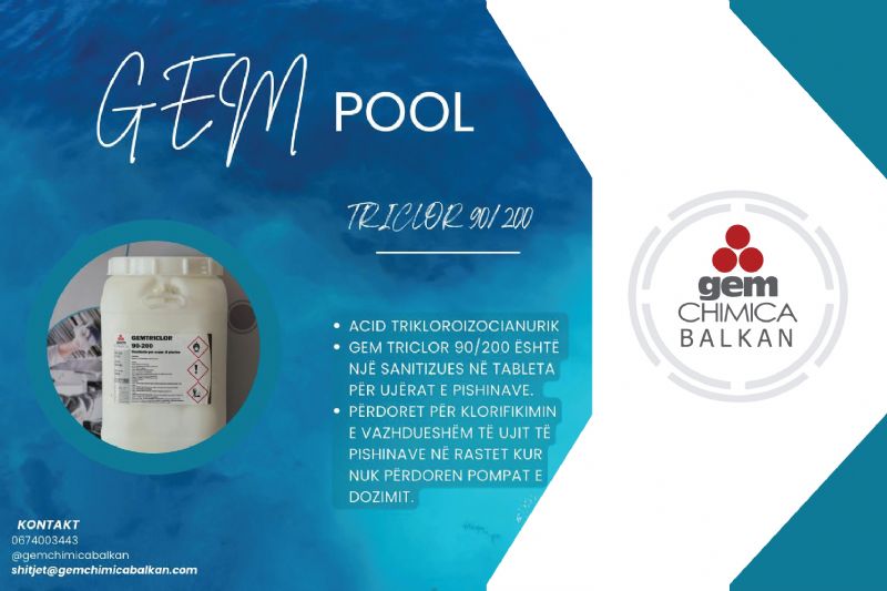 GEM TRICLOR ne tableta klori per pishine, Sanitizues uji per pishina, Sa...