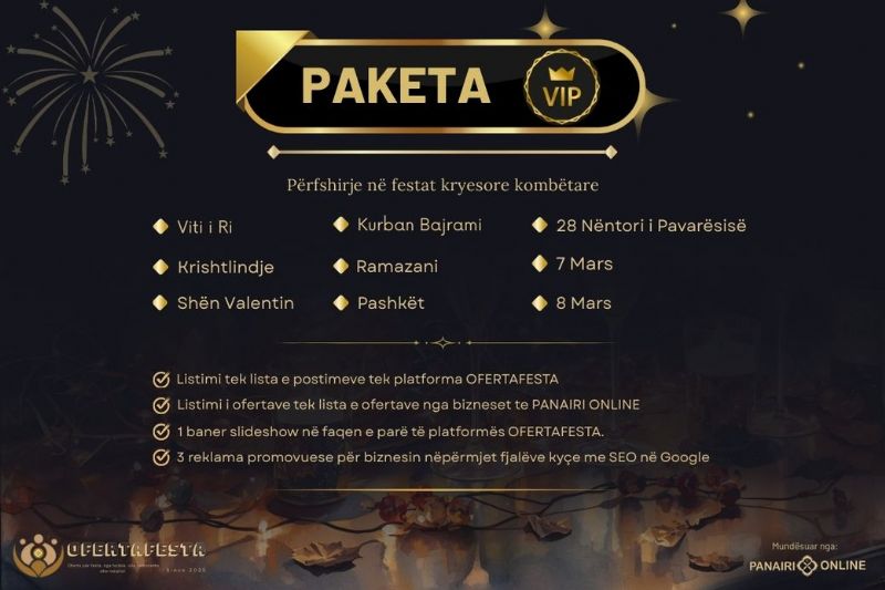 Paketa VIP nga platforma OFERTAFESTA me 9 oferta aktive festat e fundvit...